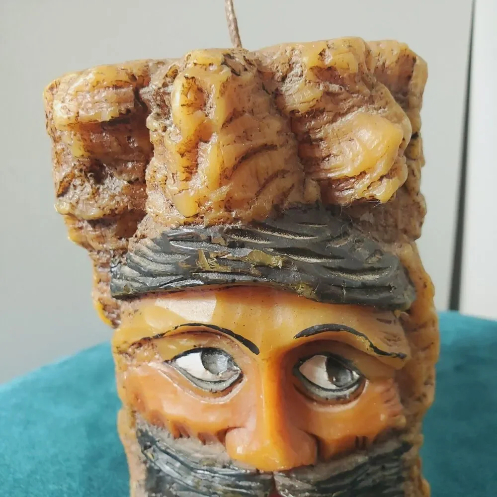 Vintage German Carved Tree Spirit Bearded Man Face Wax Candle Brown 5.5